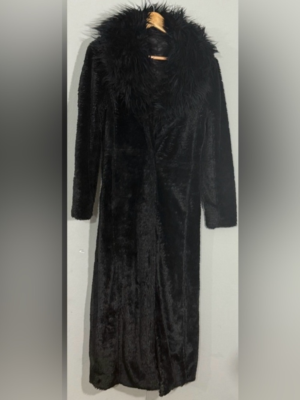 Vintage 70s Penny Lane Style Black Faux Fur Long Coat Sm/Med